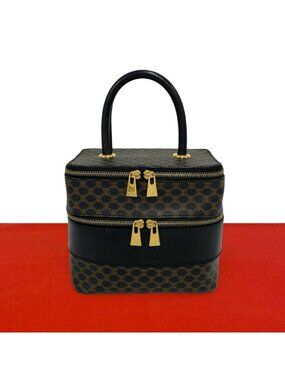 Celine Vintage Macadam Blason Pattern Triomphe Leather Handbag Vanity Bag Brown